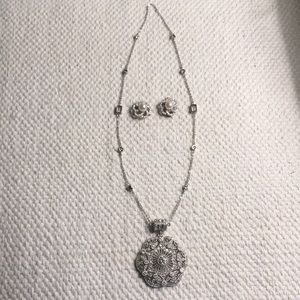 Silver Diamond Necklace & clip-on Earring set